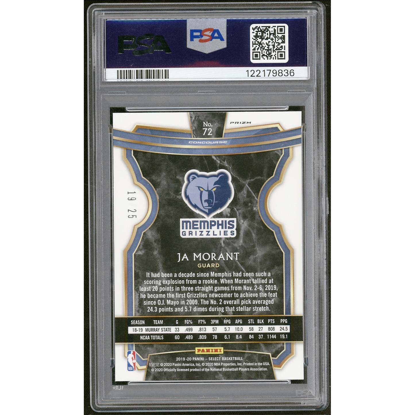 2019 Panini Select Ja Morant #72 Tie Dye Prizm PSA 10