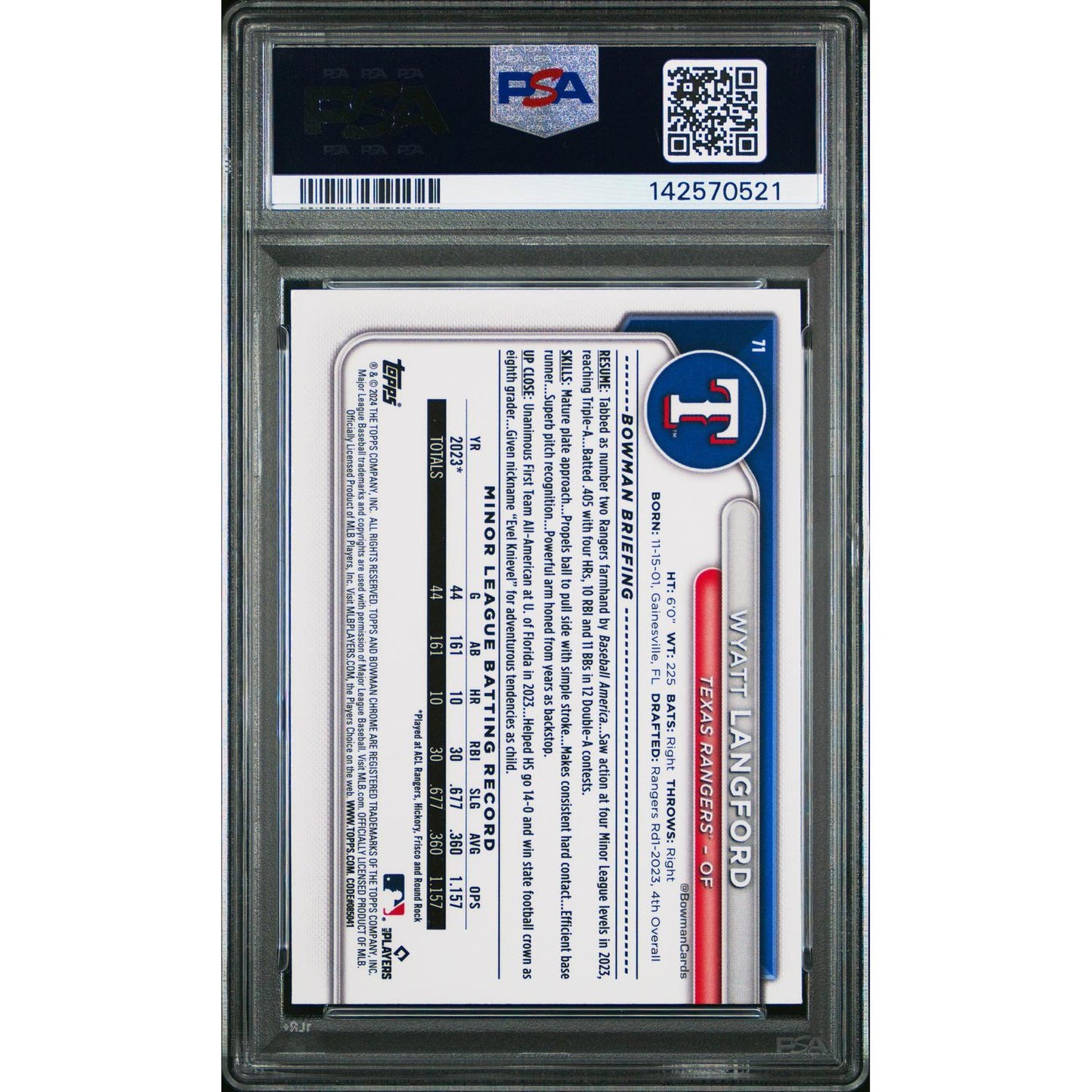 2025 Topps Archives Signature Series Wyatt Langford #71 2024 Bowman Chrome PSA 10
