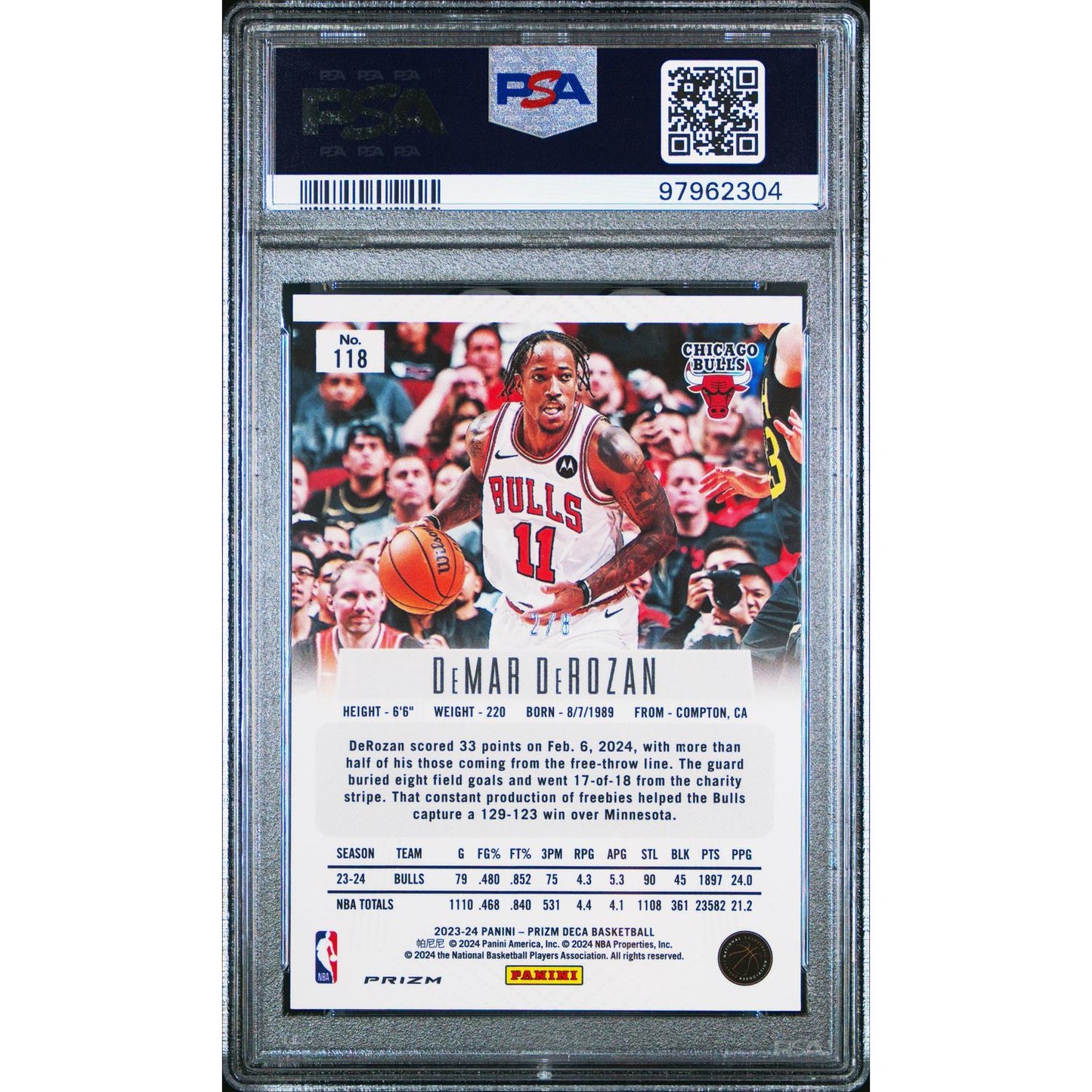 2023 Panini Prizm Deca DeMar DeRozan #118 Black Gold Shimmer Fotl PSA 10