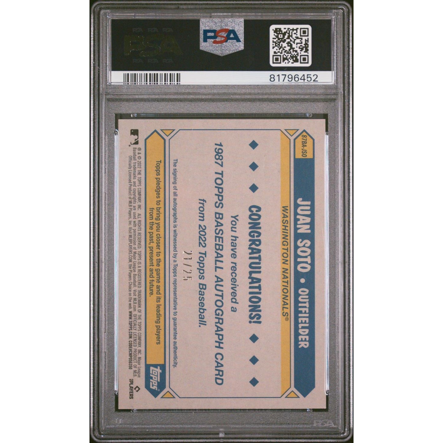 2022 Topps Update 1987 Topps Baseball Auto Juan Soto #87BAJSO BB Gold PSA 10