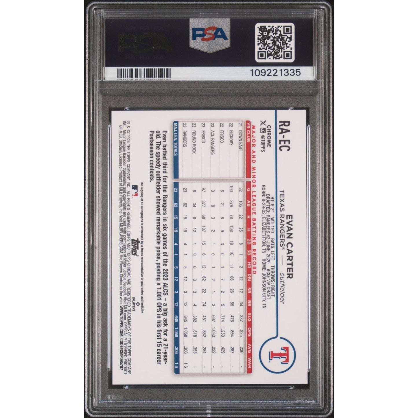 2024 Topps Chrome Update RCAuto Evan Carter #RAEC RKE Org Black Lava Lamp PSA 10