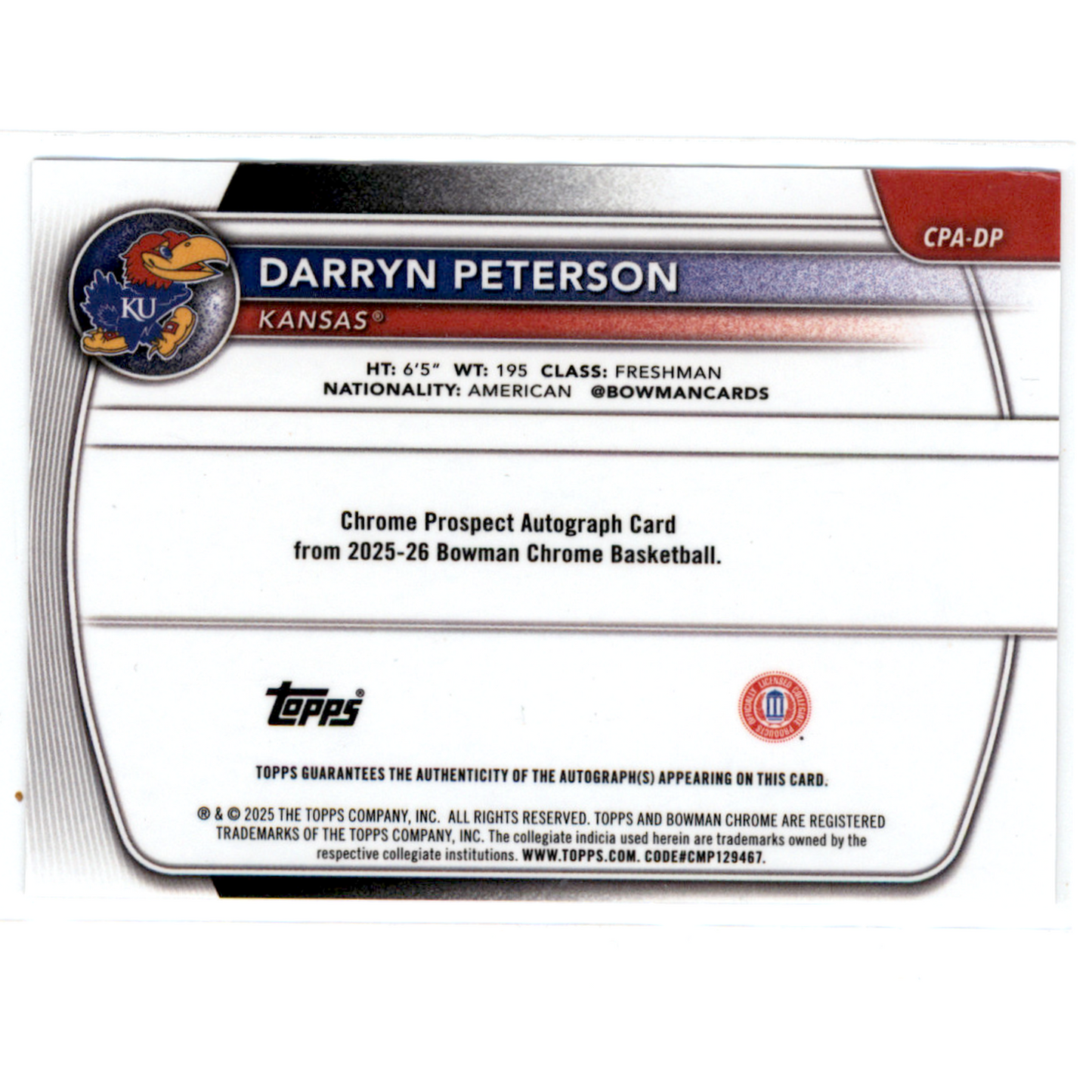 2025 Bowman Chrome Basketball Darryn Peterson #CPA-DP