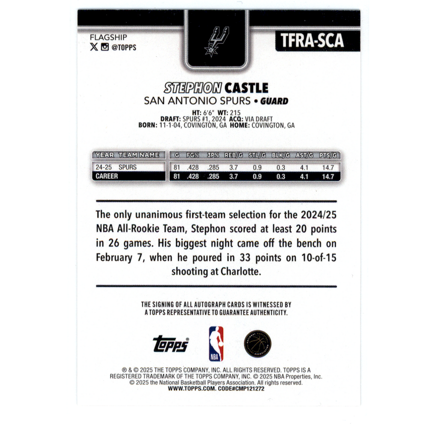 2025 Topps Flagship Stephon Castle #TFRA-SCA Gold /50