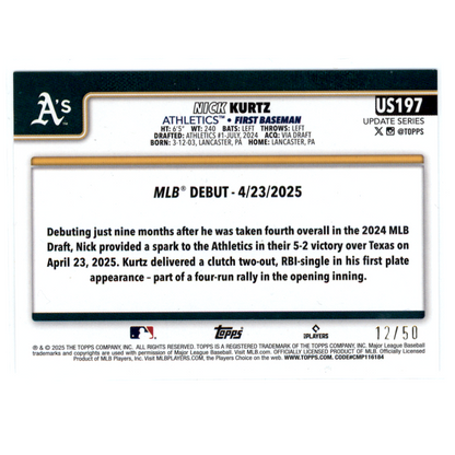 2025 Topps Update Series Nick Kurtz #US197 Gold Foil