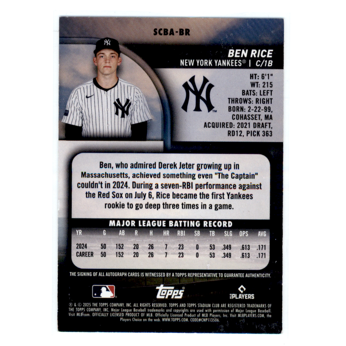 2025 Topps Stadium Club Ben Rice #SCBA-BR