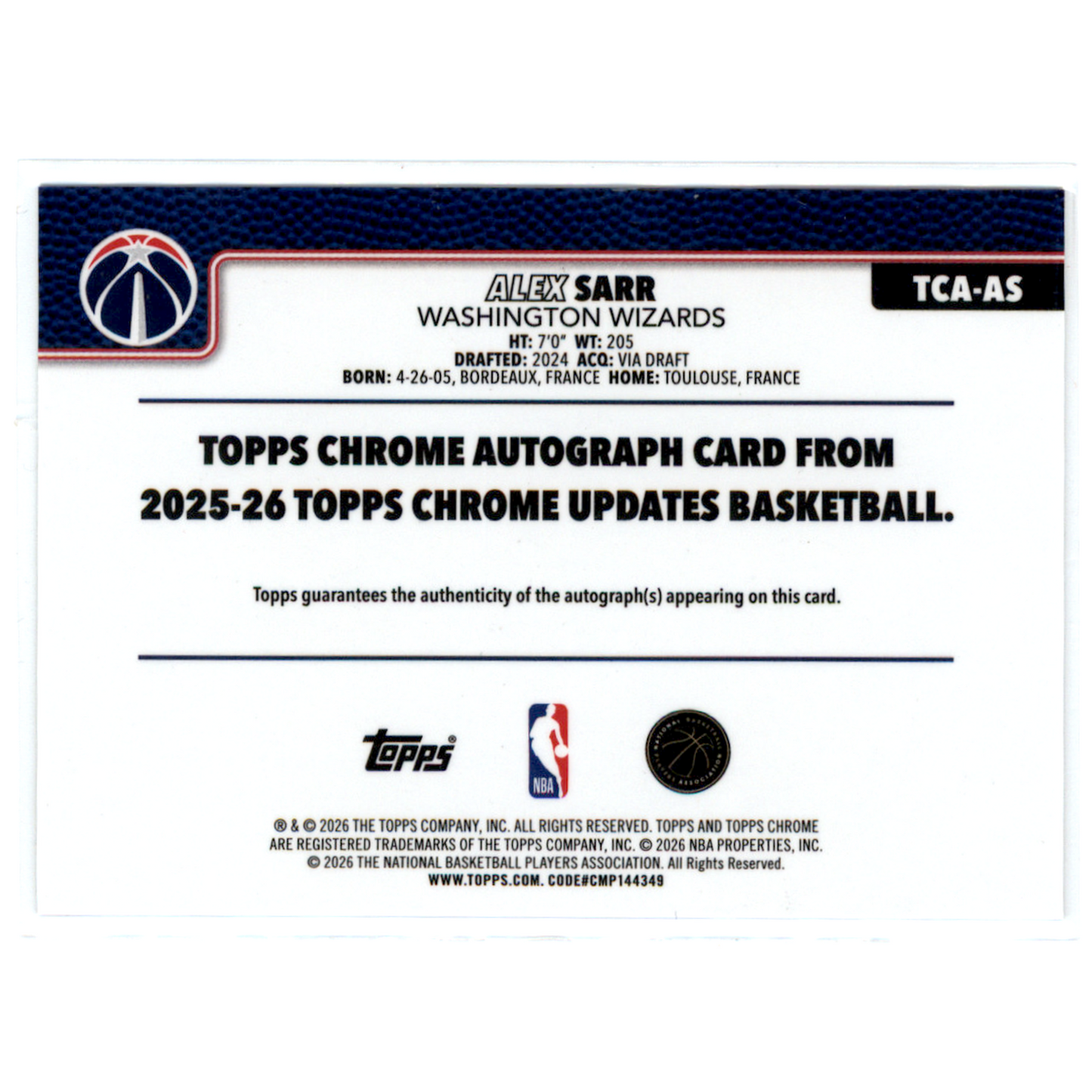 2026 Topps Chrome Updates Basketball Alex Sarr #TCA-AS Purple