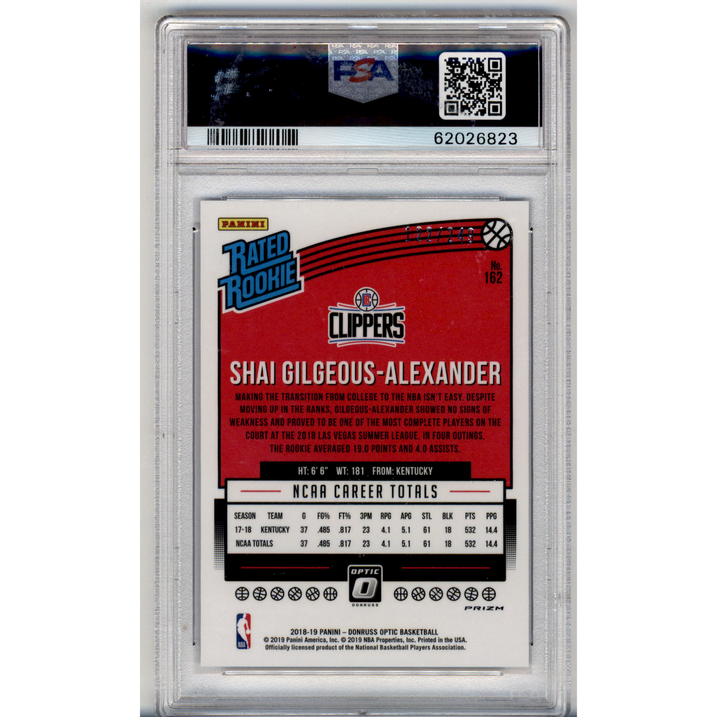 2018 Panini Donruss Optic S. Gilgeous-Alexander #162 Premium Box Set PSA 10