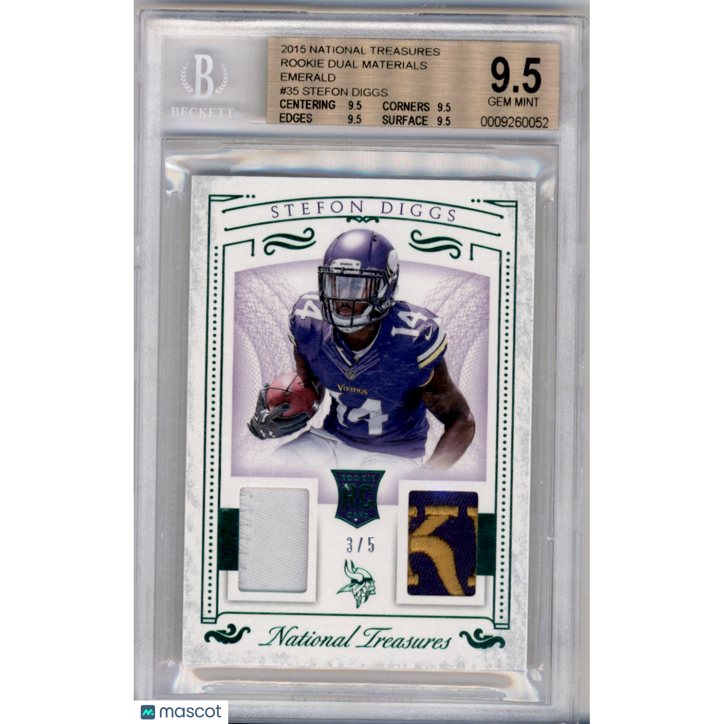 2015 Panini National Treasures Rookie Dual Materials Emerald Stefon Diggs #35 BGS 9.5