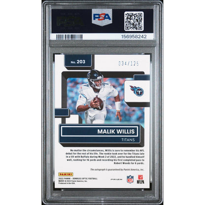 2022 Panini Donruss Optic Malik Willis #203 Autograph Holo PSA 10