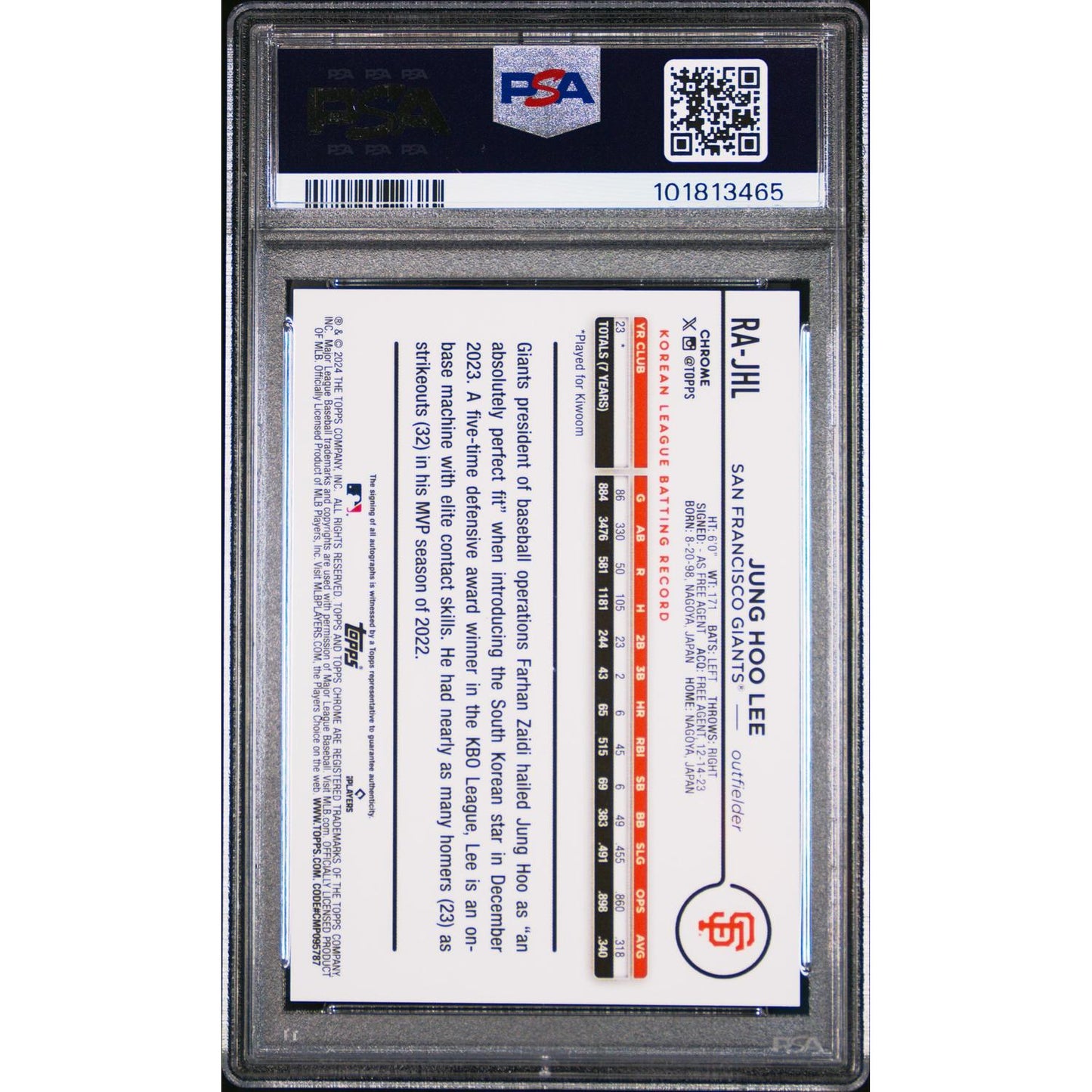 2024 Topps Chrome Update Chrome RC Auto Jung Hoo Lee GRN Ylw Lava Lamp PSA 10