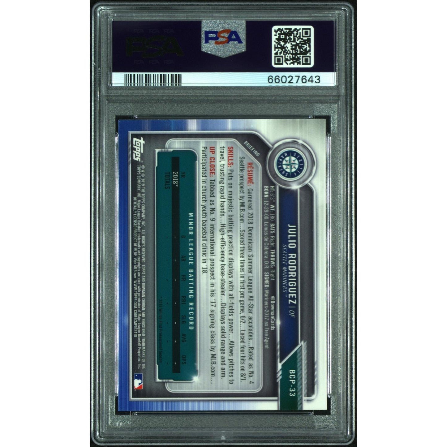 2019 Bowman Mega Box Chrome Julio Rodriguez #33 PSA 9