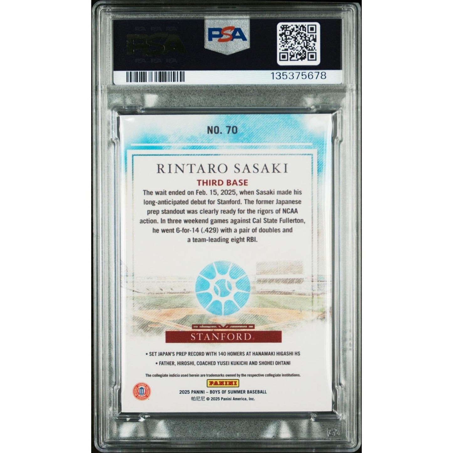 2025 Panini Boys Of Summer Rintaro Sasaki #70 Emerald PSA 9
