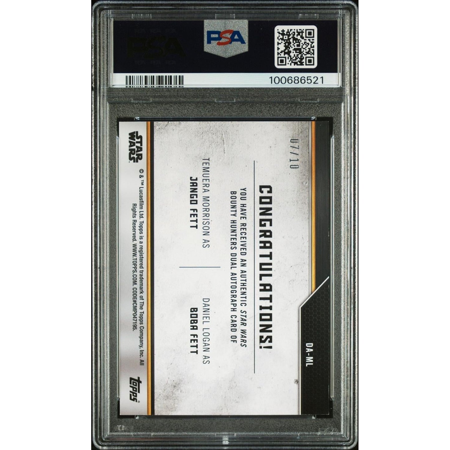 2021 Topps StarWars Bounty Hunters Dual Autographs D. Logan T. Morrison PSA