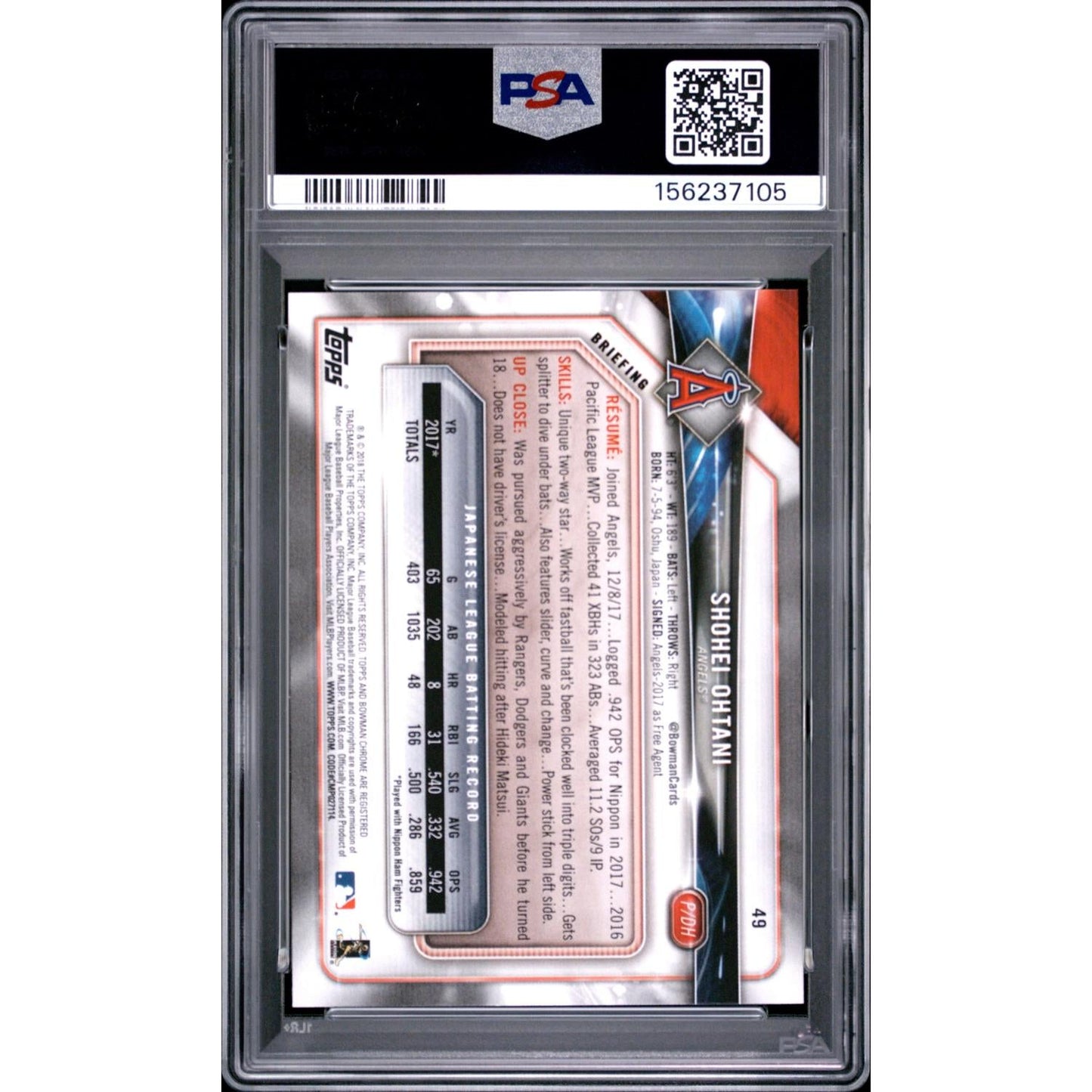 2018 Bowman Shohei Ohtani #49 PSA 9