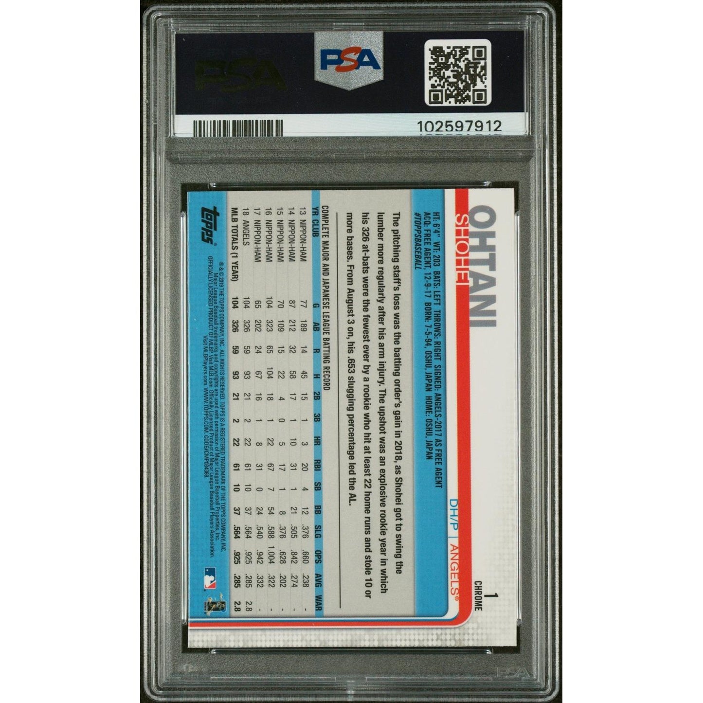 2019 Topps Chrome Shohei Ohtani #1 Prism Refractor PSA 9