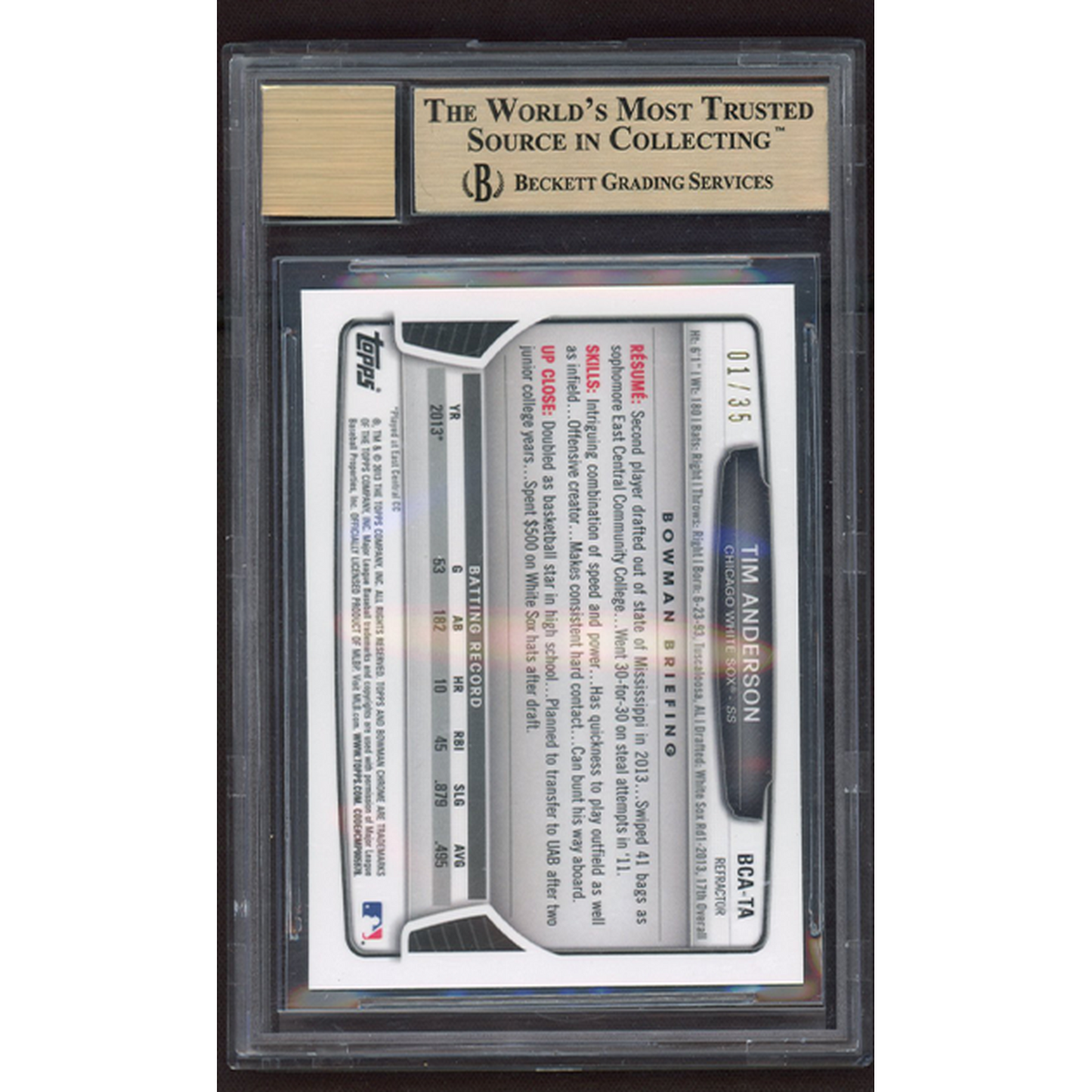 2013 Bowman Chrome Draft Pick Auto Black Refractors Tim Anderson #TA BGS 9.5