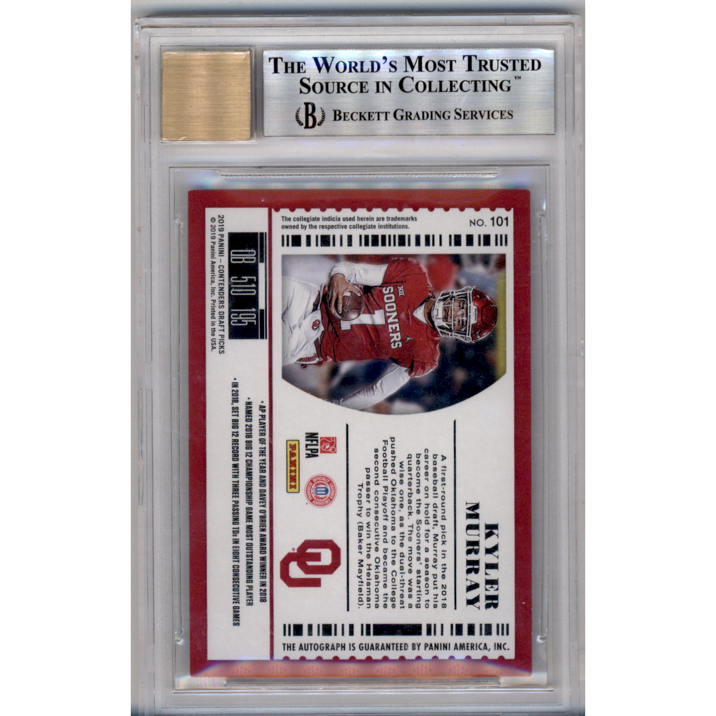 2019 Panini Contenders Draft Picks Cracked Ice Kyler Murray #101B BGS 9