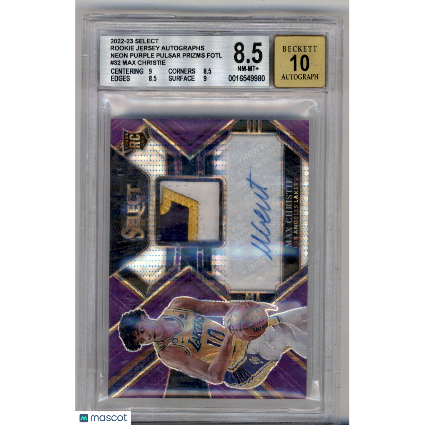 2022 Select Rookie Jersey Autographs Neon Purple Pulsar Prizms FOTL Max Christie #32 BGS 8.5