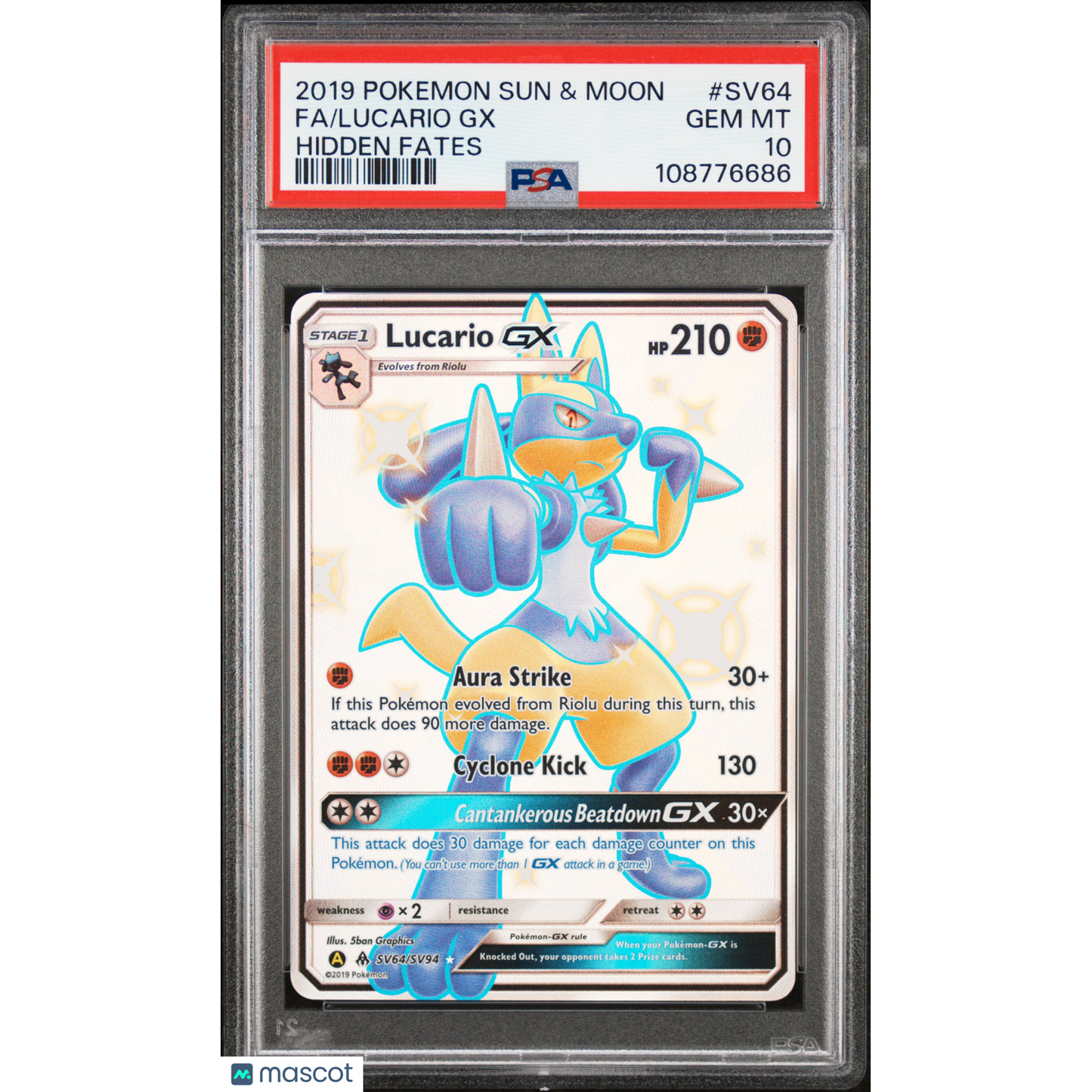 2019 Pokemon Sun & Moon Hidden Fates Lucario GX #SV64 Fa Hidden Fates PSA 10