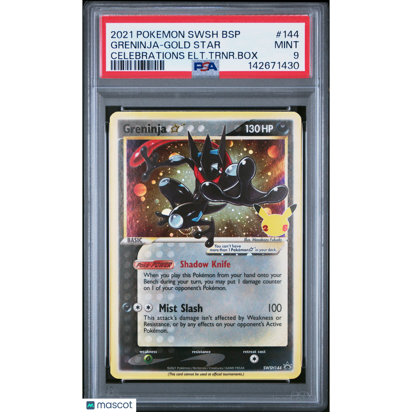 2021 Pokemon Swsh Black Star Promo Greninja-Gold Star #144 Celebrations Elt.Trnr.Box PSA 9