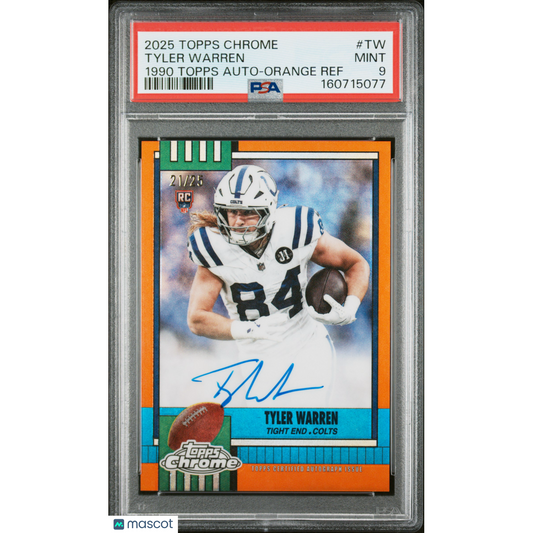 2025 Topps Chrome 1990 Topps Autographs Tyler Warren #TW Orange Ref PSA 9