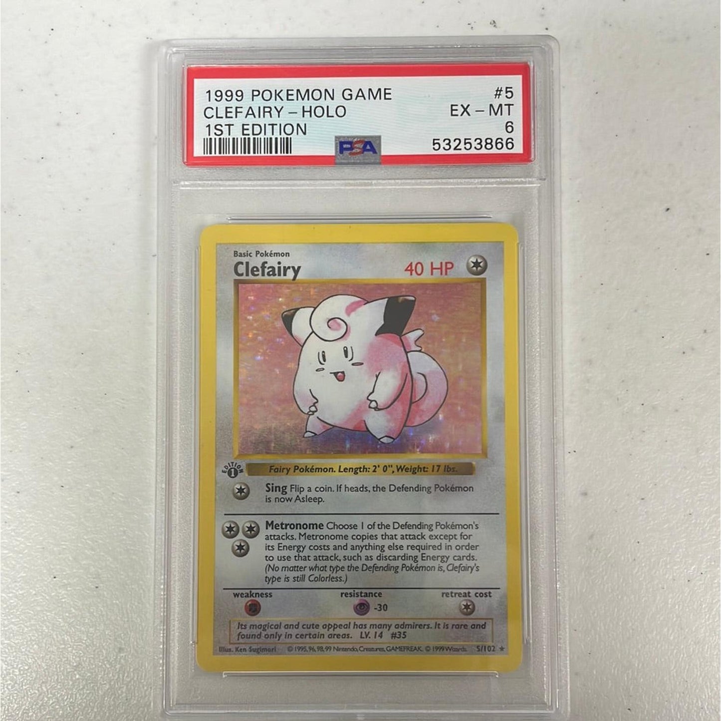 PSA 6 EX - MT - Clefairy 5/102 1st Edition Base Set Shadowless Pokemon Holo