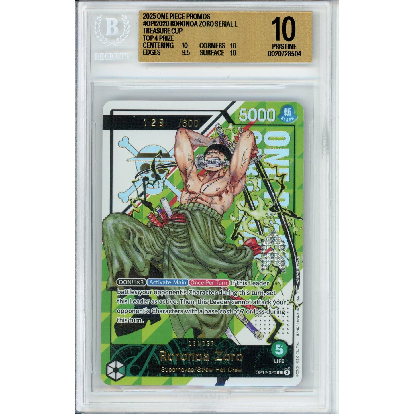 One Piece Graded: Roronoa Zoro OP12-020 Serialized Top Prize 129/600 Beckett 10