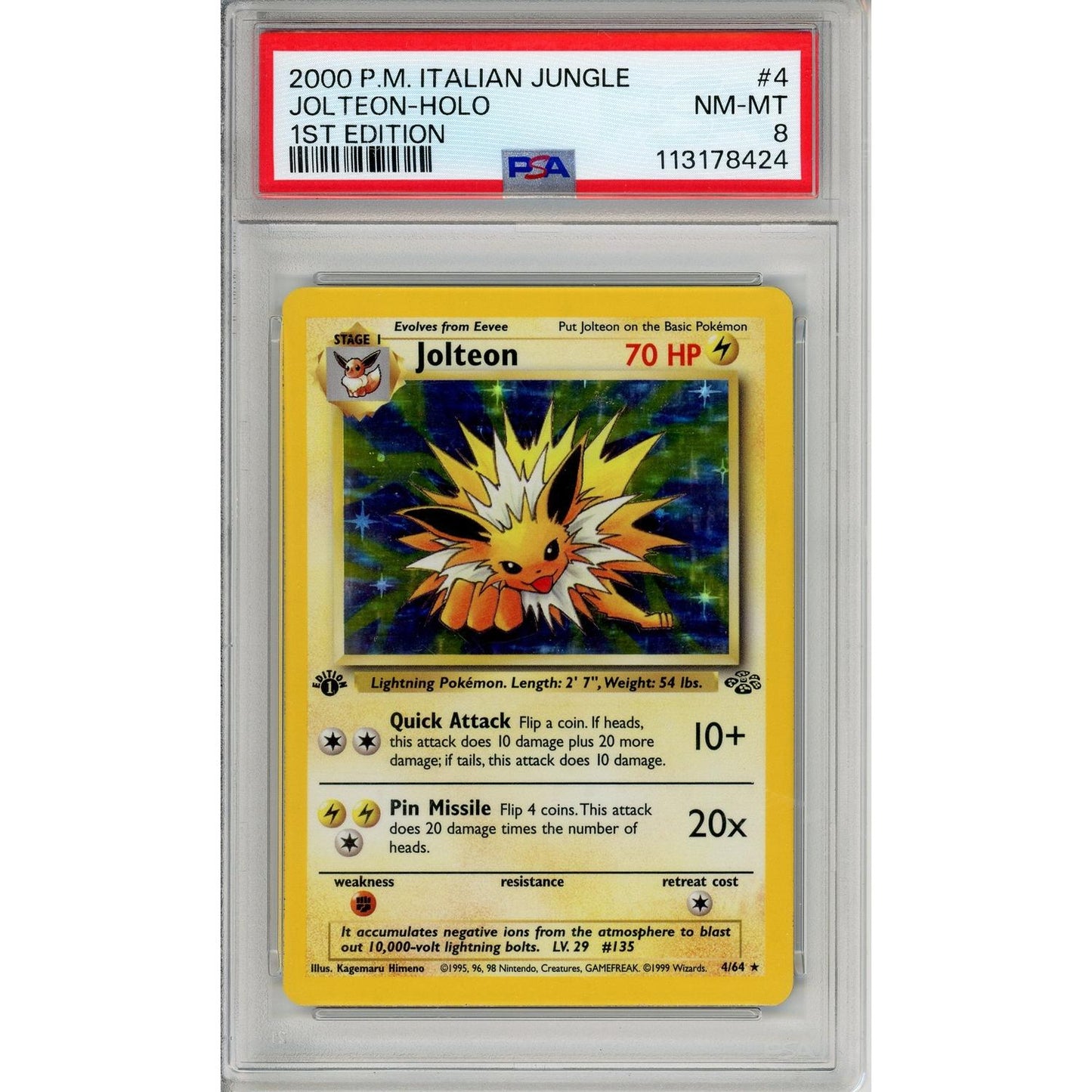 Pokemon Graded: Jolteon 1st Edition 4/64 Jungle (2000) Holo PSA 8 Error-Italian Label English Card