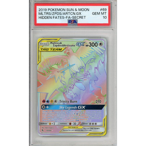 Pokemon Graded: Moltres & Zapdos & Articuno GX 69/68 Hidden Fates (2019) Rainbow Holo PSA 10