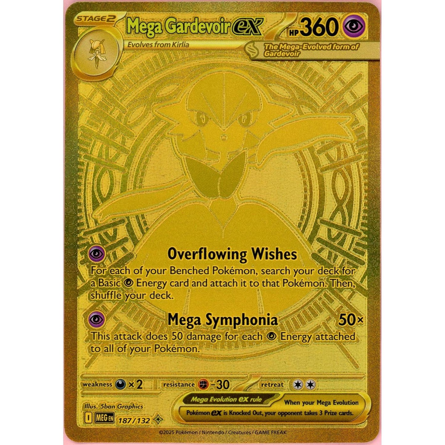 Pokemon Single: Mega Gardevoir ex 187/132 Mega Evolution (2025) Gold Holo NM