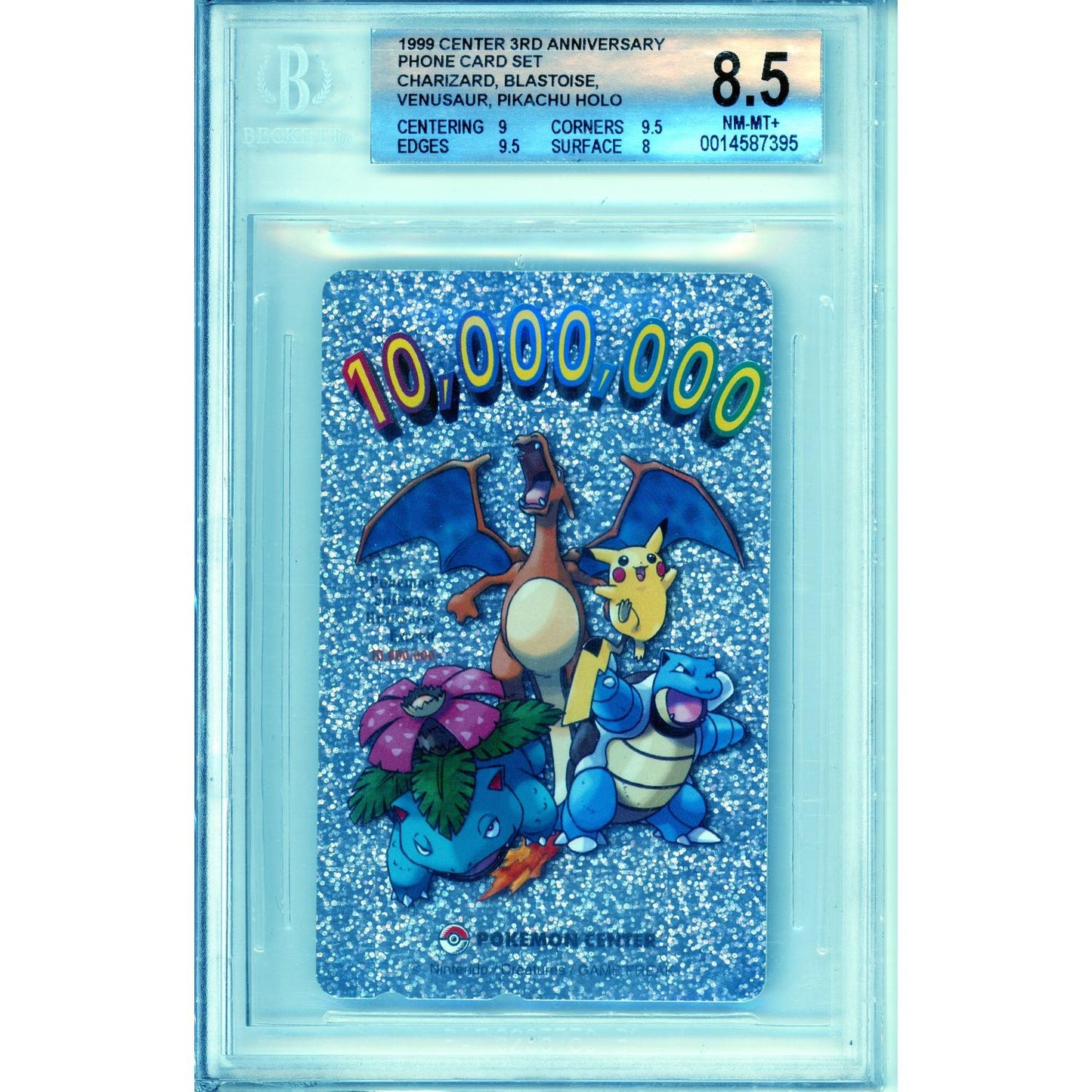 Pokemon Graded: Charizard, Blastoise, Venusaur, Pikachu Phone Card 3rd Anniversary Set (1999) Beckett 8.5