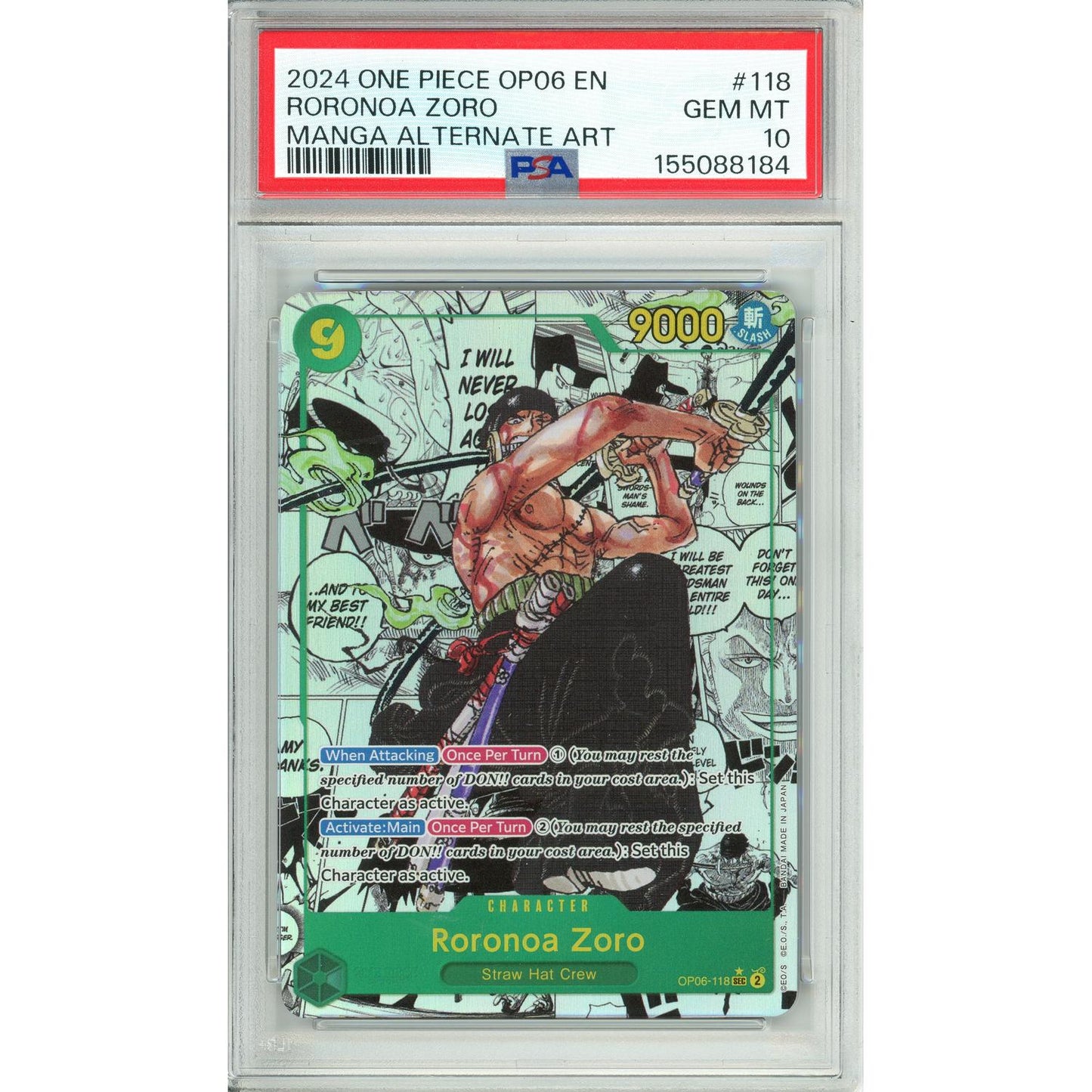 One Piece Graded: Roronoa Zoro Manga Alt Art OP06-118 Wings of the Captain PSA 10