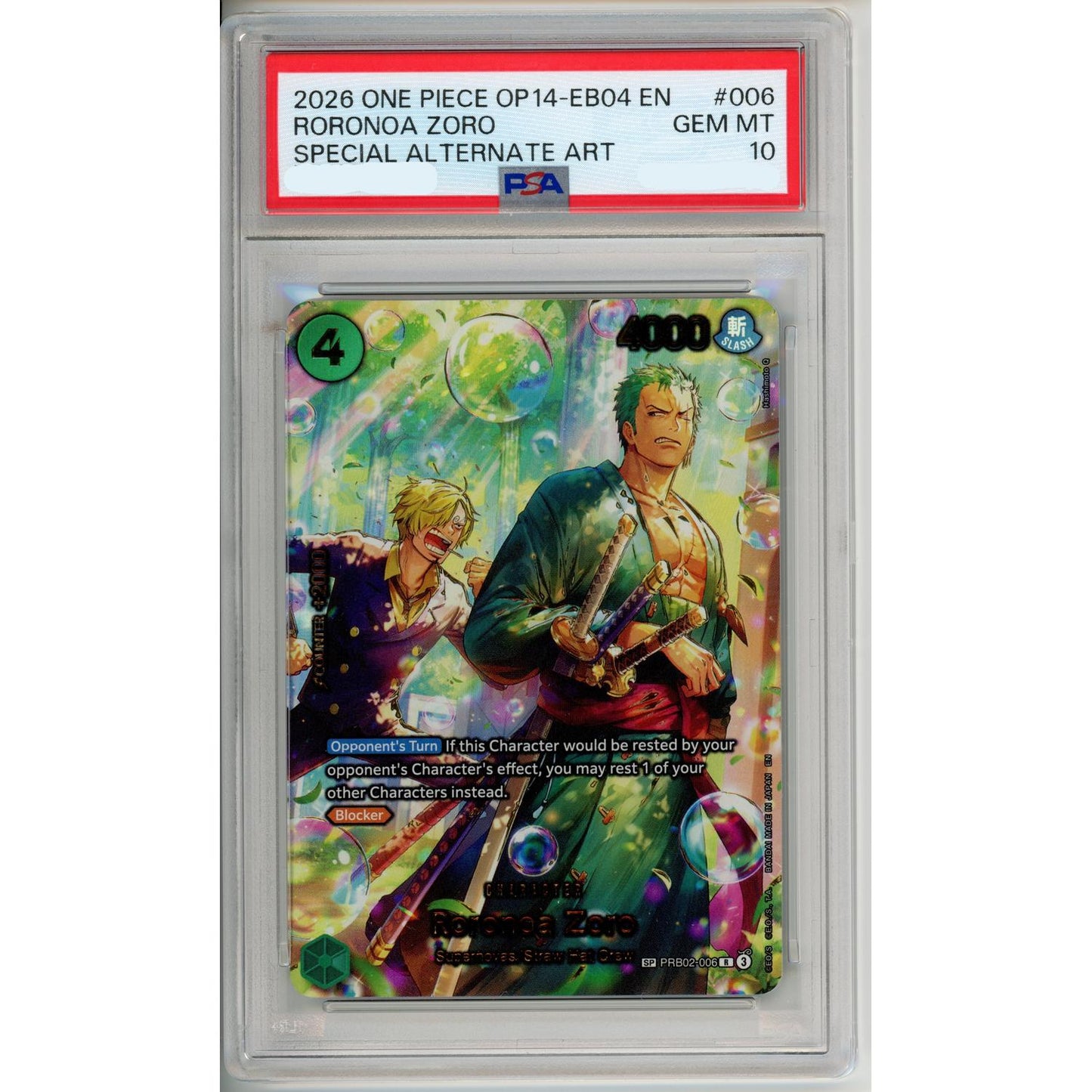One Piece Graded: Roronoa Zoro (2026) Op14-EB04 Special Alt Art PSA 10