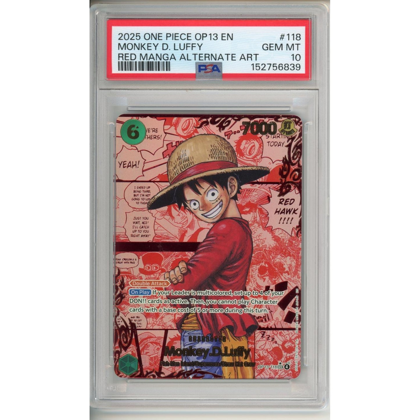 One Piece Graded: Monkey. D. Luffy (2025) OP13-118 Red Manga Alt Art PSA 10