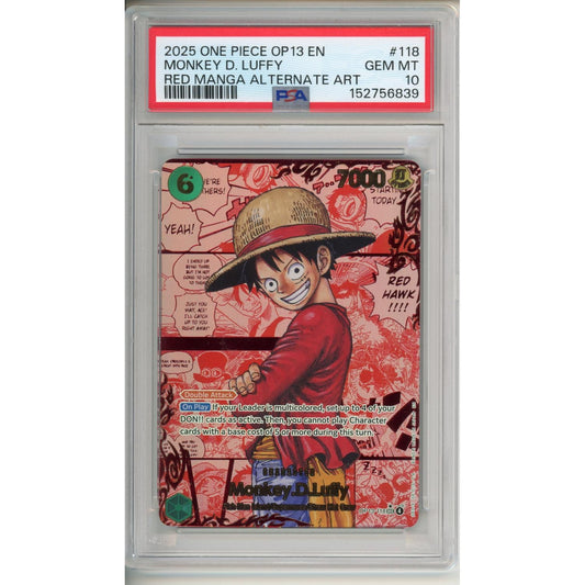 One Piece Graded: Monkey. D. Luffy (2025) OP13-118 Red Manga Alt Art PSA 10