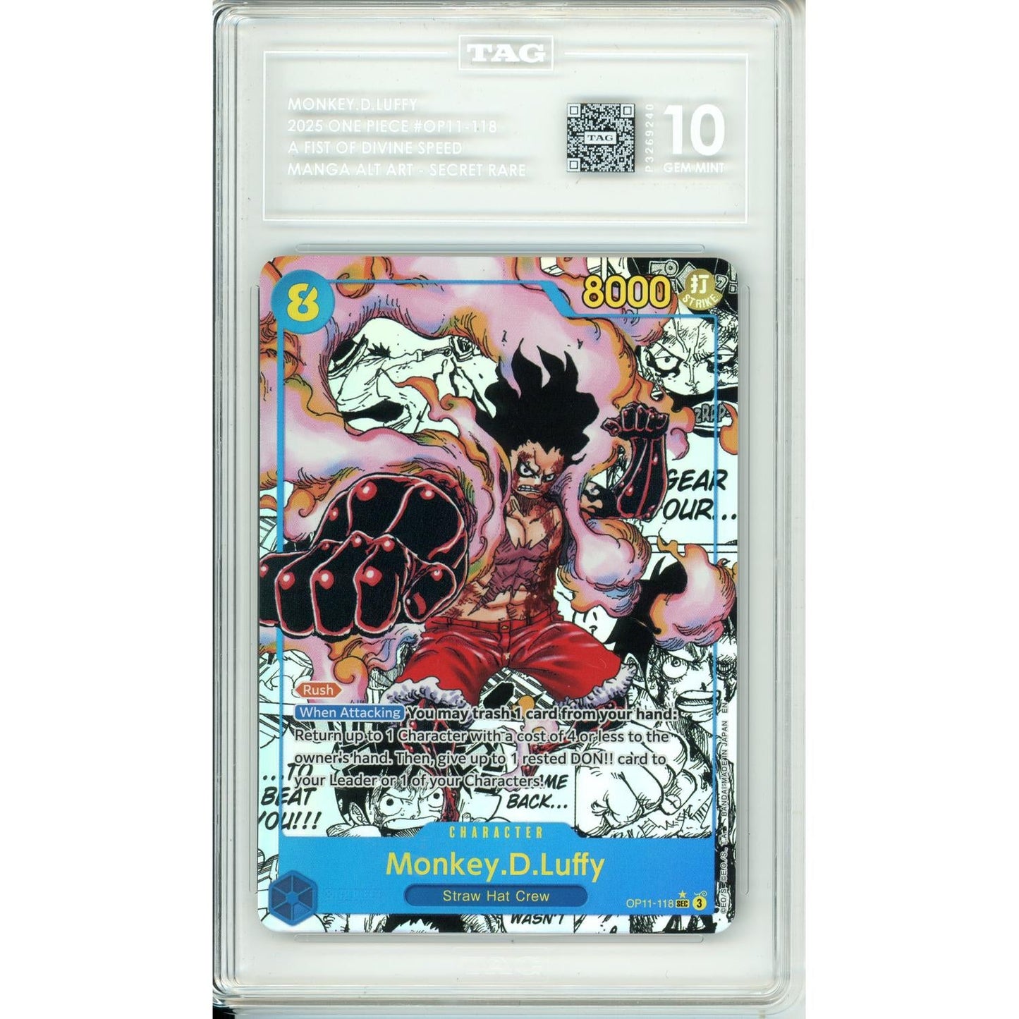 One Piece Graded: Monkey D. Luffy OP11-118 A Fist Of Divine Speed TAG 10