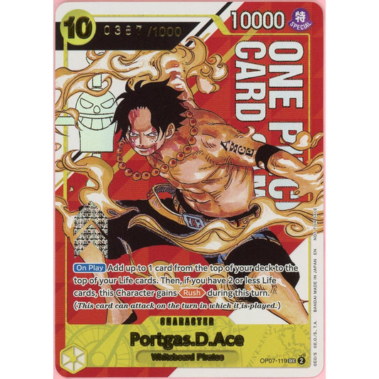 One Piece Single: Portgas D. Ace OP07-119 Serial Numbered Top Prize Promo NM