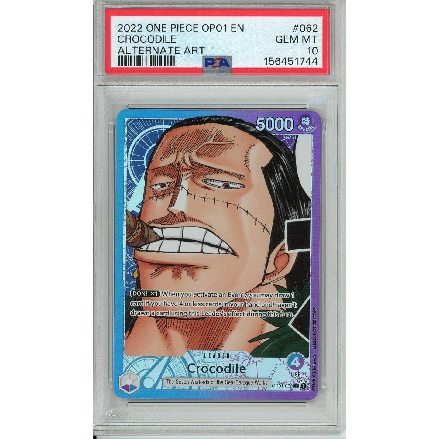 One Piece Graded: Crocodile OP01-062 Romance Dawn Alternate Art PSA 10