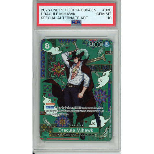 One Piece Graded: Dracule Mihawk OP12-030 Azure Sea's Seven Special Alternate Art PSA 10
