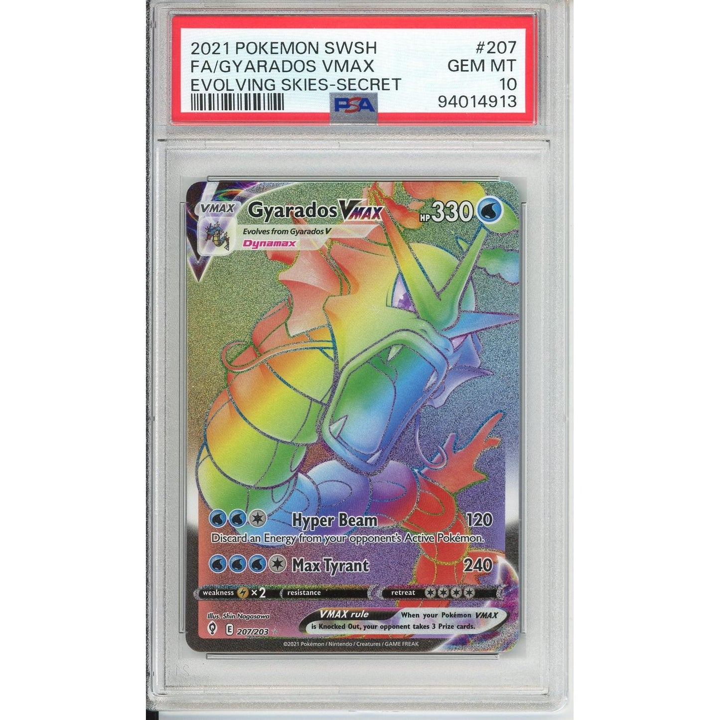 Pokemon Graded: Gyarados VMAX 207/203 Evolving Skies (2021) Rainbow Secret Rare PSA 10