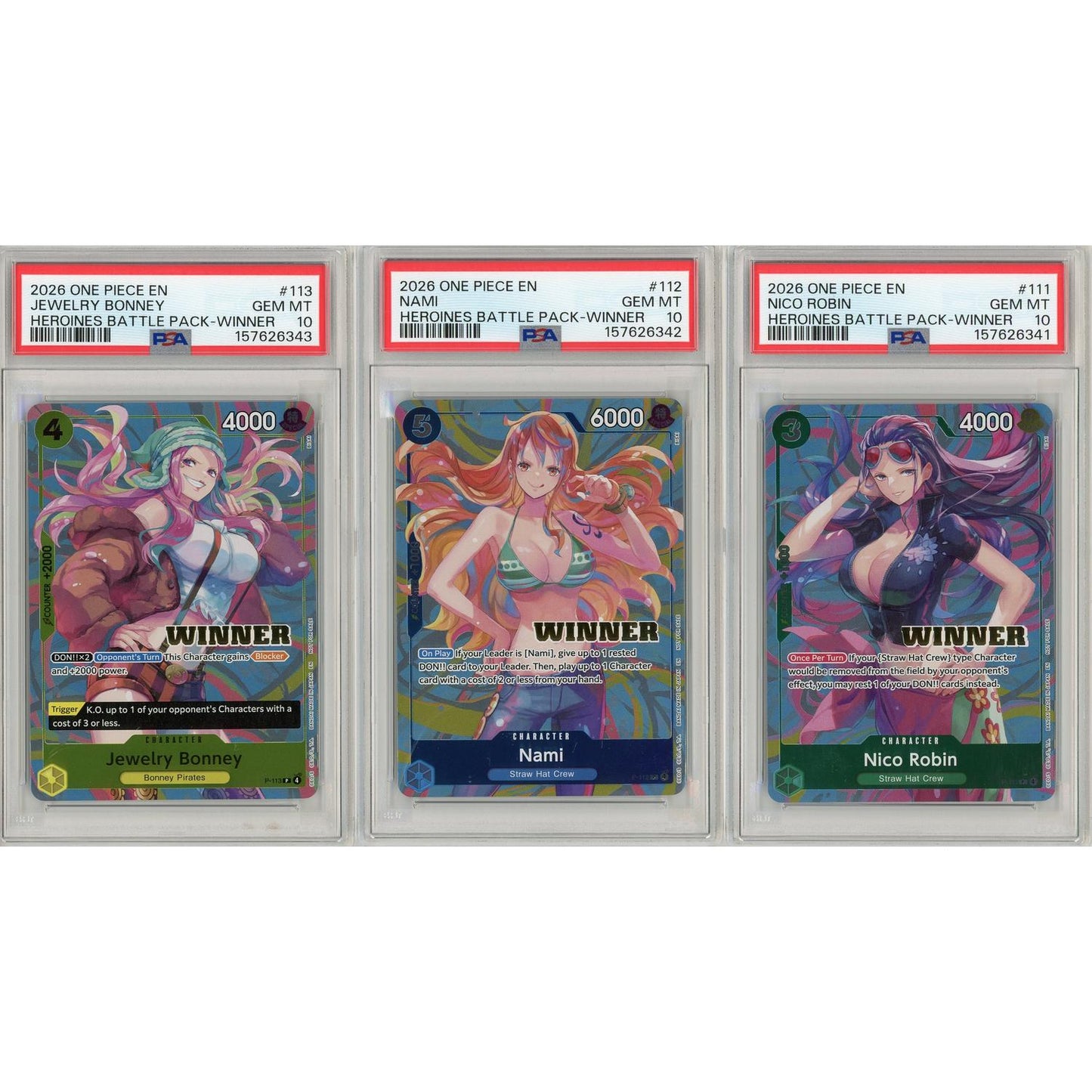 One Piece Graded: Nico Robin #111, Nami #112, Jewelry Bonney #113 Heroines Battle Pack Winner Sequential Set of 3 PSA 10