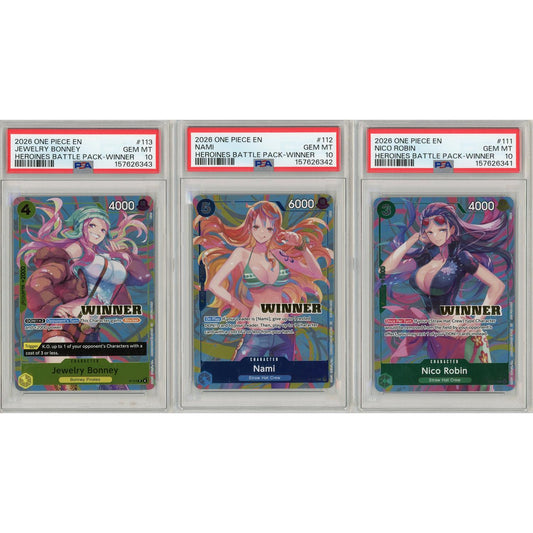 One Piece Graded: Nico Robin #111, Nami #112, Jewelry Bonney #113 Heroines Battle Pack Winner Sequential Set of 3 PSA 10
