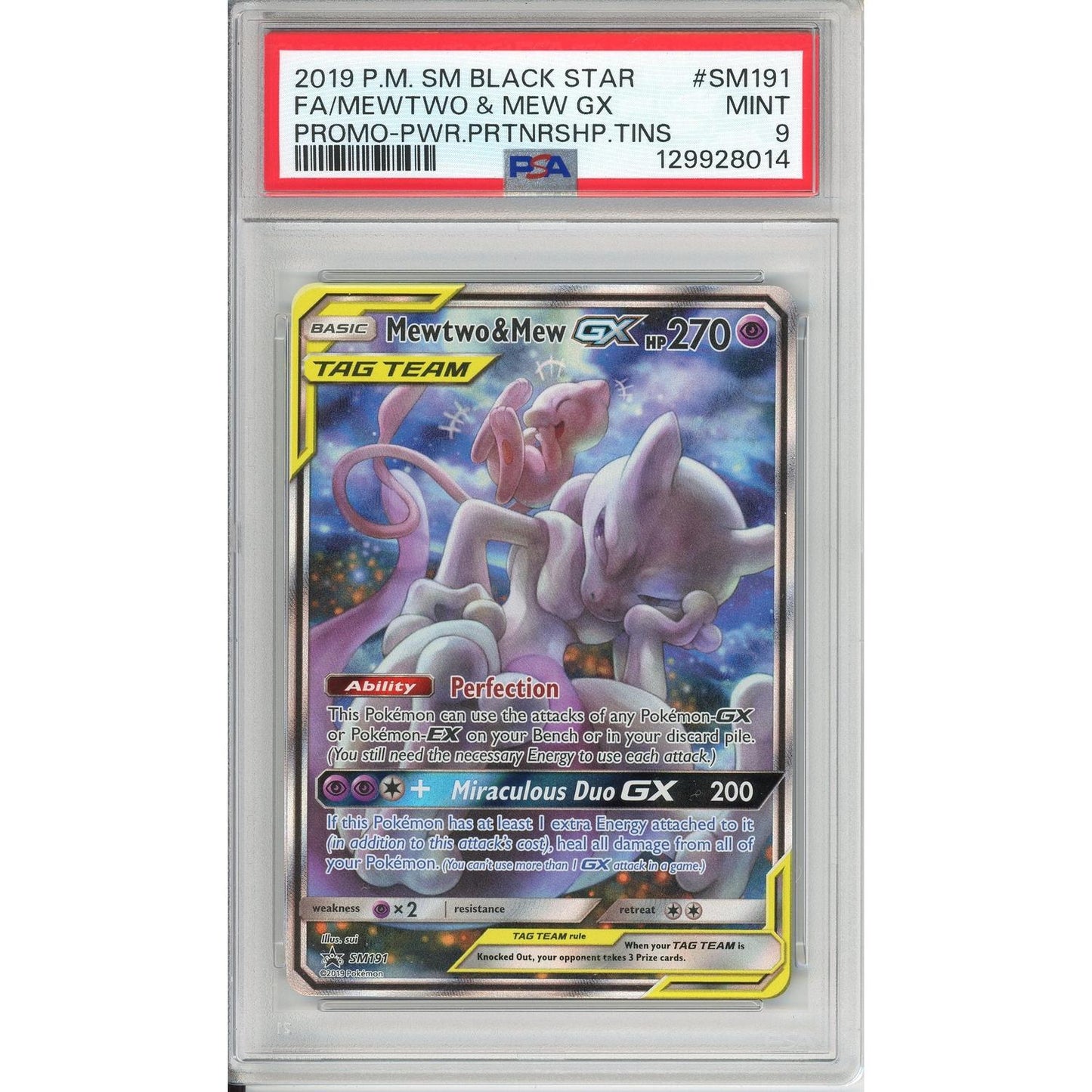 Pokemon Graded: Mewtwo & Mew GX #SM191 Power Partnership Tin Promo (2019) Holo PSA 9