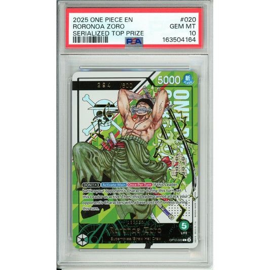 One Piece Graded: Roronoa Zoro OP12-020 Serialized Top Prize 294/600 PSA 10