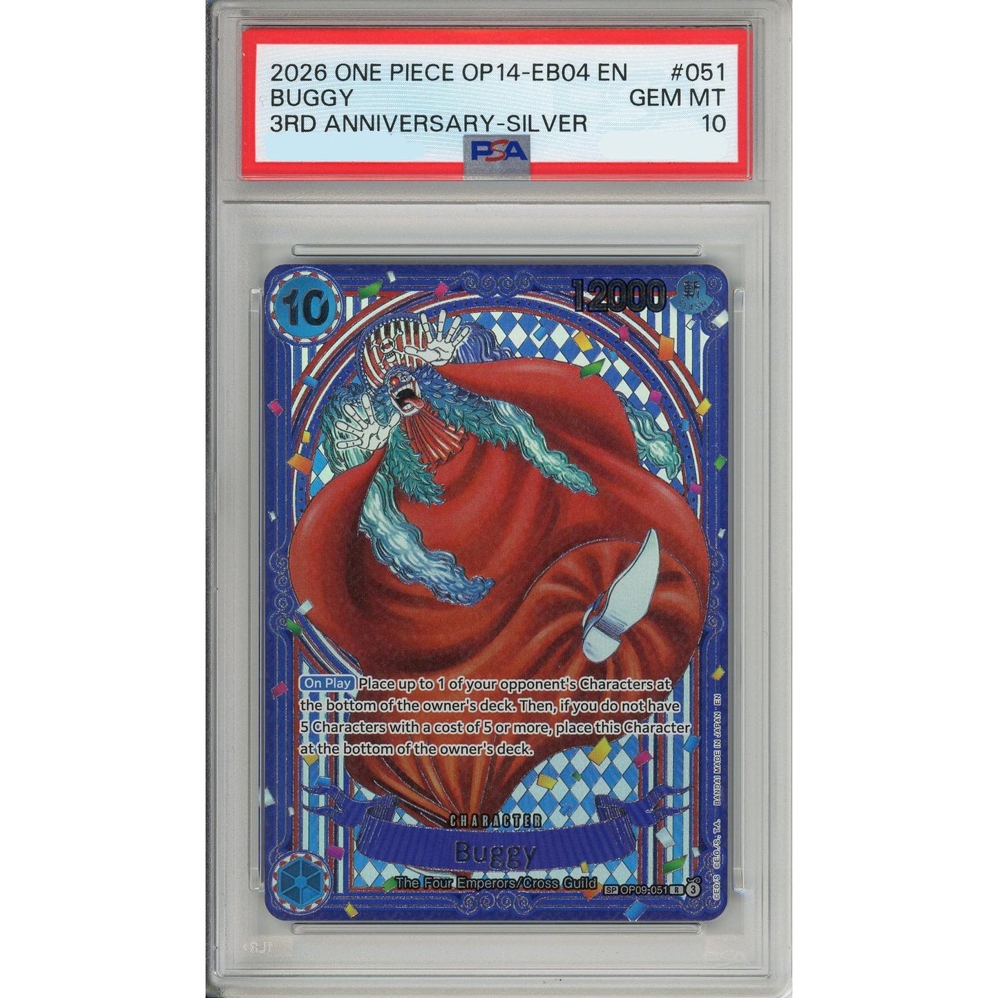 One Piece Graded: Buggy Alt Art OP09-052 3rd Anniversary- Silver PSA 10