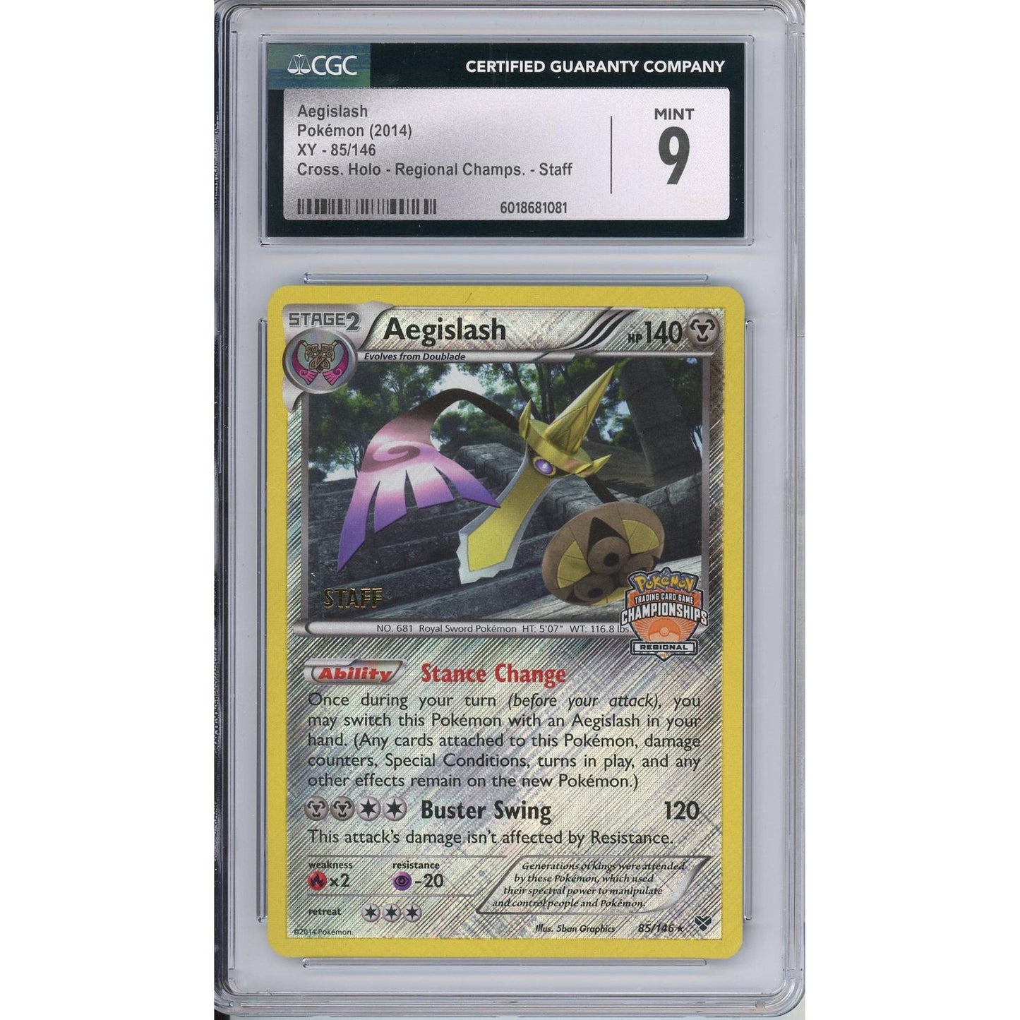 Pokemon Graded: Aegislash 85/146 XY Regional Championship STAFF Holo CGC 9