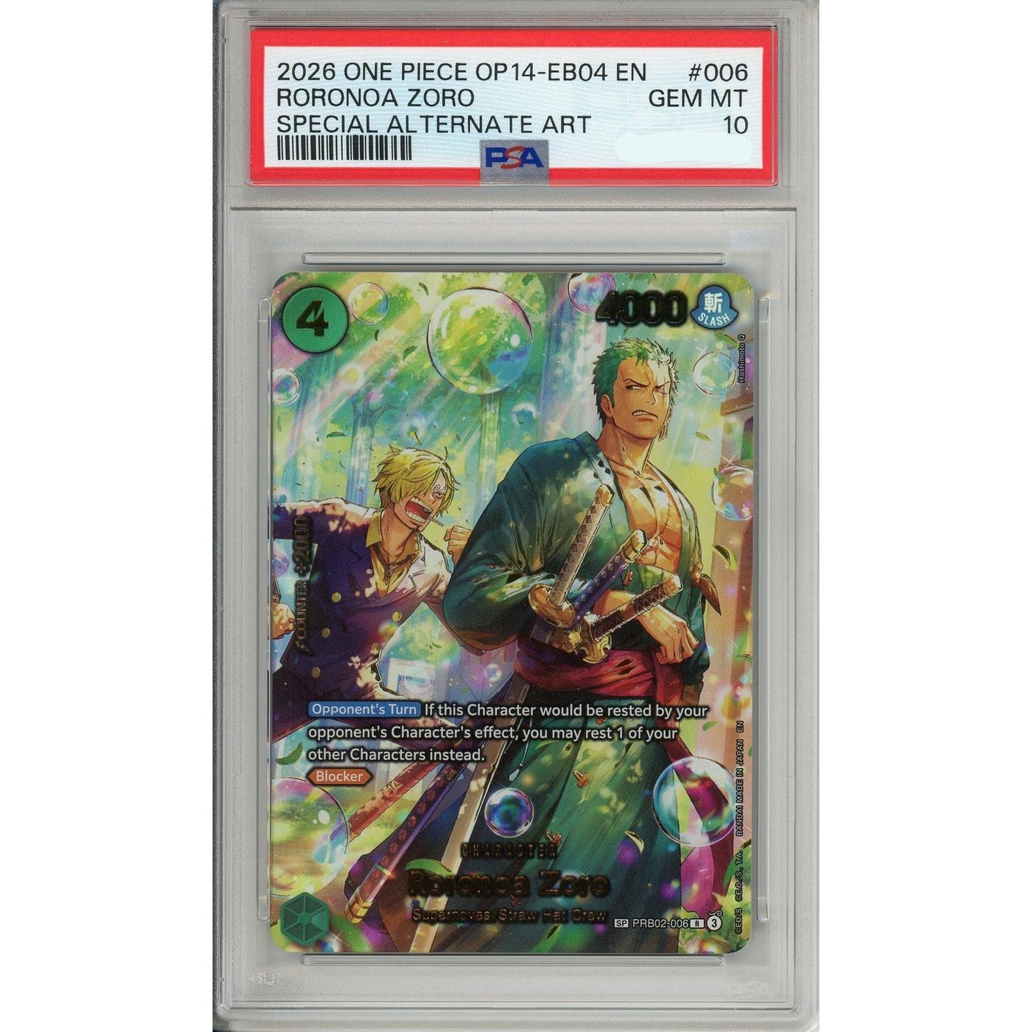 One Piece Graded: Roronoa Zoro Alt Art PRB02-006 The Azure Sea's Seven PSA 10