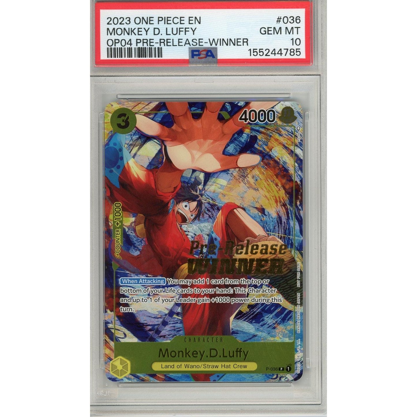 One Piece Graded: Monkey D. Luffy P-036 Pre-Release Winner PSA 10