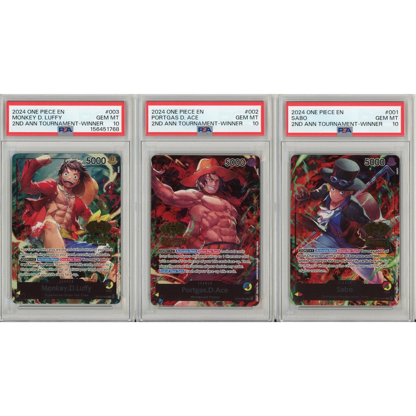 One Piece Graded: Sabo #1, Portgas D. Ace #2 Monkey D. Luffy #3 2nd Anniversary Winners SET OF 3 PSA 10