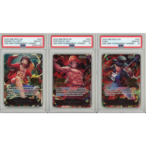 One Piece Graded: Sabo #1, Portgas D. Ace #2 Monkey D. Luffy #3 2nd Anniversary Winners SET OF 3 PSA 10